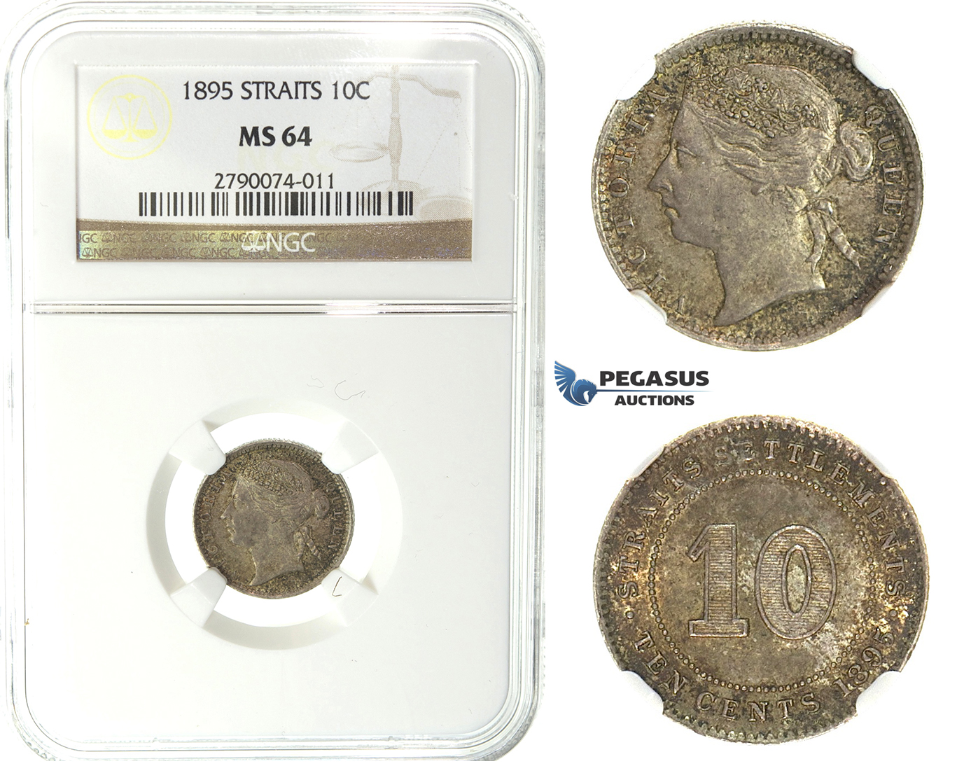 J61, Straits Settlements, Victoria, 10 Cents 1895, Silver, NGC MS64, Rare Grade!
