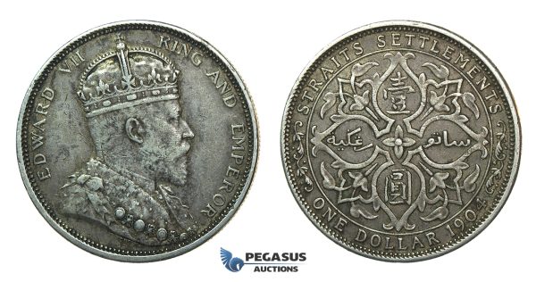 J62, Straits Settlements, Edward VII, Dollar 1904, Silver, Nice & Toned!