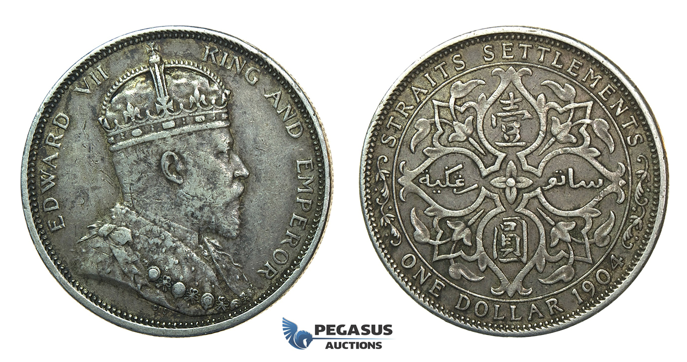 J62, Straits Settlements, Edward VII, Dollar 1904, Silver, Nice & Toned!