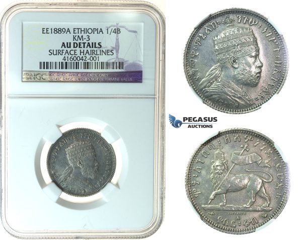 J66, Ethiopia, Menelik II, 1/4 Birr EE1889-A, Paris, Silver, NGC AU Det.
