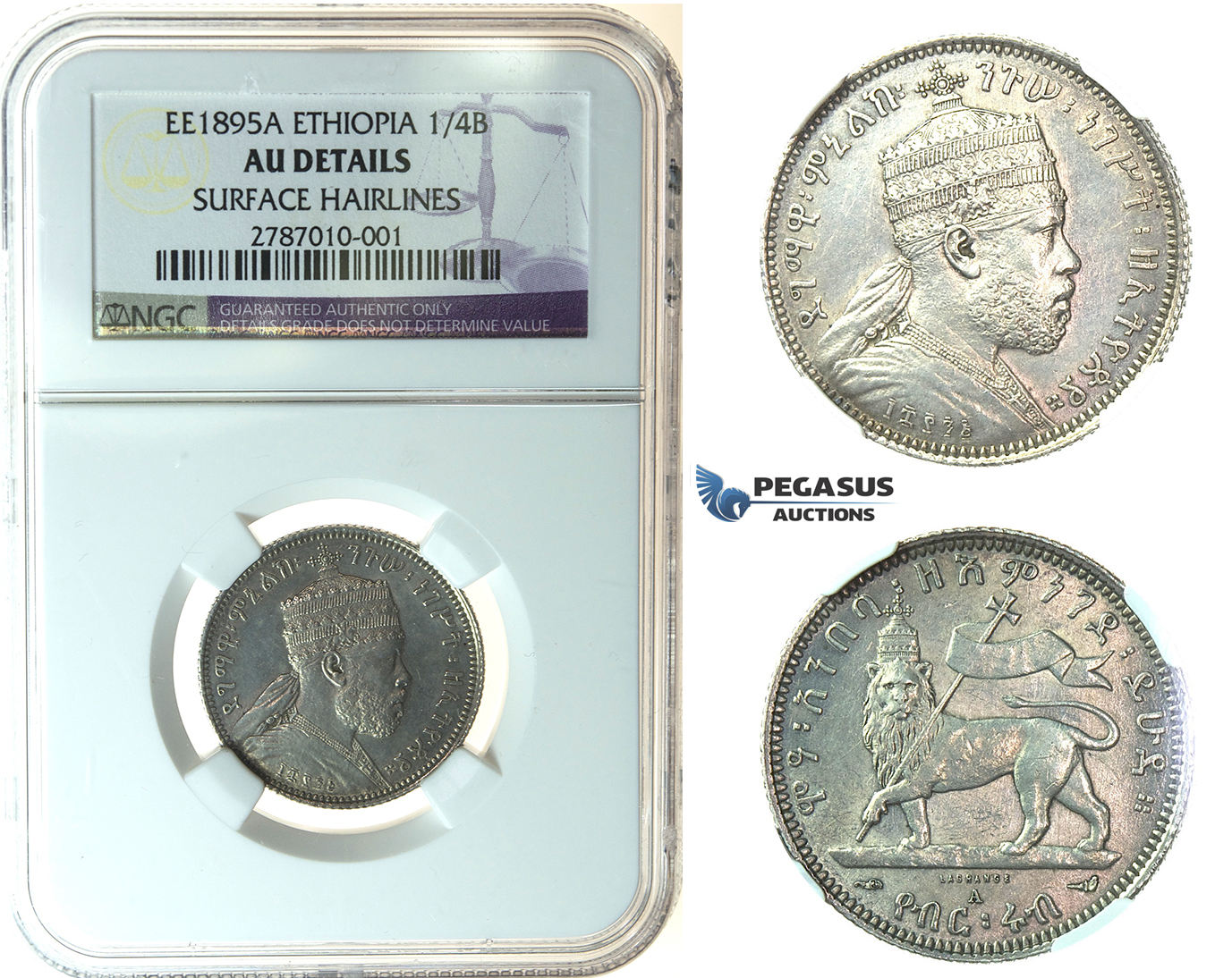 J67, Ethiopia, Menelik II, 1/4 Birr EE1895-A, Paris, Silver, NGC AU Det.