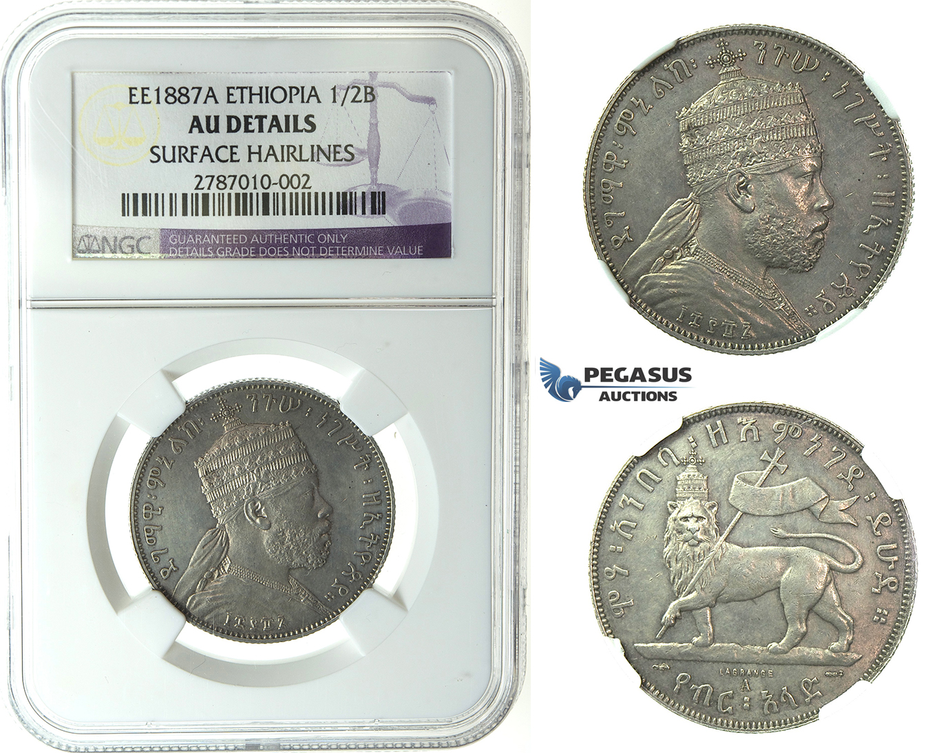 J68, Ethiopia, Menelik II, 1/2 Birr EE1887-A, Paris, Silver, NGC AU Det.