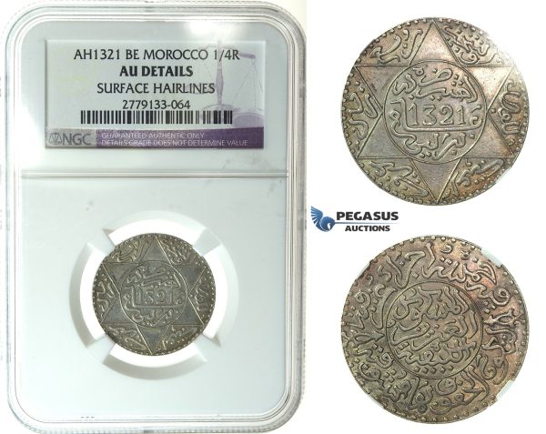 J69, Morocco, Abd al­ Aziz, 1/4 Rial AH1321, Berlin, Silver, NGC AU Det.