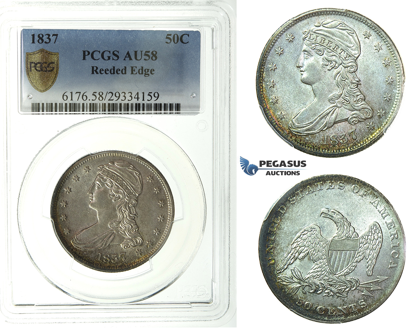 J77, United States, Capped Bust Half Dollar (50 Cents) 1837, PCGS AU58 (Reeded Edge)