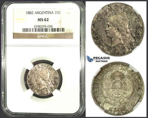 J78, Argentina, 20 Centavos 1882, Silver, NGC MS62