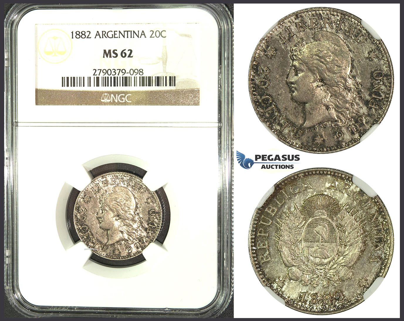 J78, Argentina, 20 Centavos 1882, Silver, NGC MS62