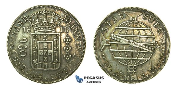 J80, Brazil, Joao VI, 960 Reis 1816-R, Rio de Janeiro, Silver (Overstruck on 8 Reales, Santiago, Chile, FJ) Rare!