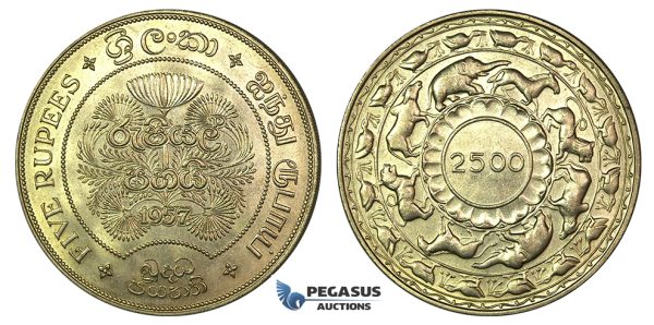 J83, Ceylon, 5 Rupees 1957 (2500 Years Buddhism) Silver, TOP Grade!