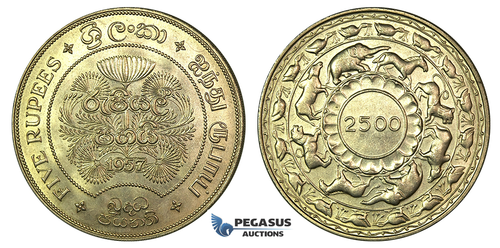 J83, Ceylon, 5 Rupees 1957 (2500 Years Buddhism) Silver, TOP Grade!
