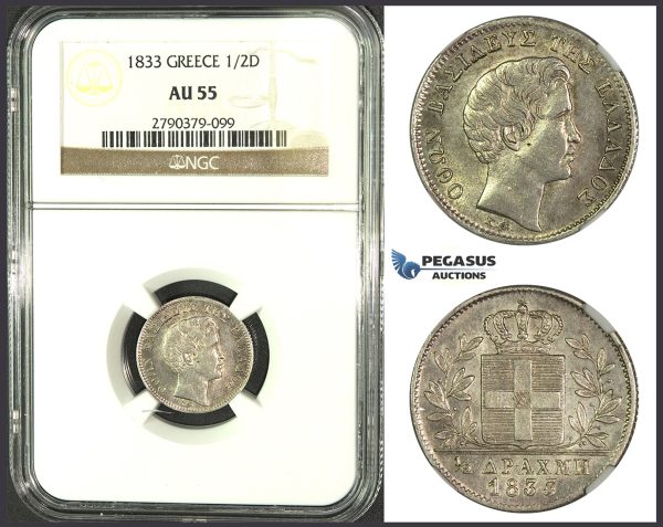 J88, Greece, Othon, 1/2 Drachma 1833, Munich, Silver, NGC AU55