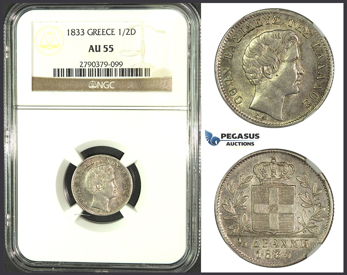 J88, Greece, Othon, 1/2 Drachma 1833, Munich, Silver, NGC AU55