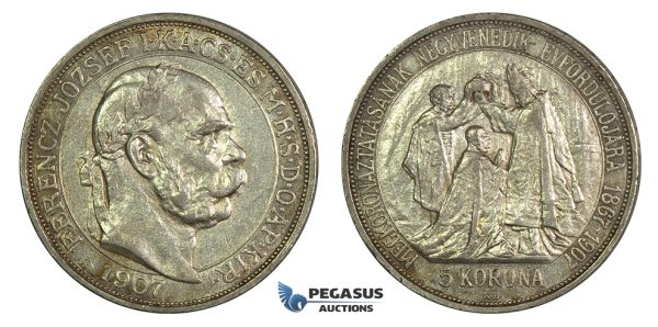 J90, Hungary, Franz Joseph, 5 Korona 1907-KB, Kremnitz (Coronation) Silver, Nice!