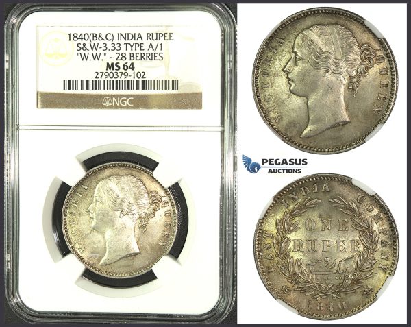 J91, East India Company, Victoria, Rupee 1840 (B&C) SW 3.33, 28 Berries, Silver, NGC MS64