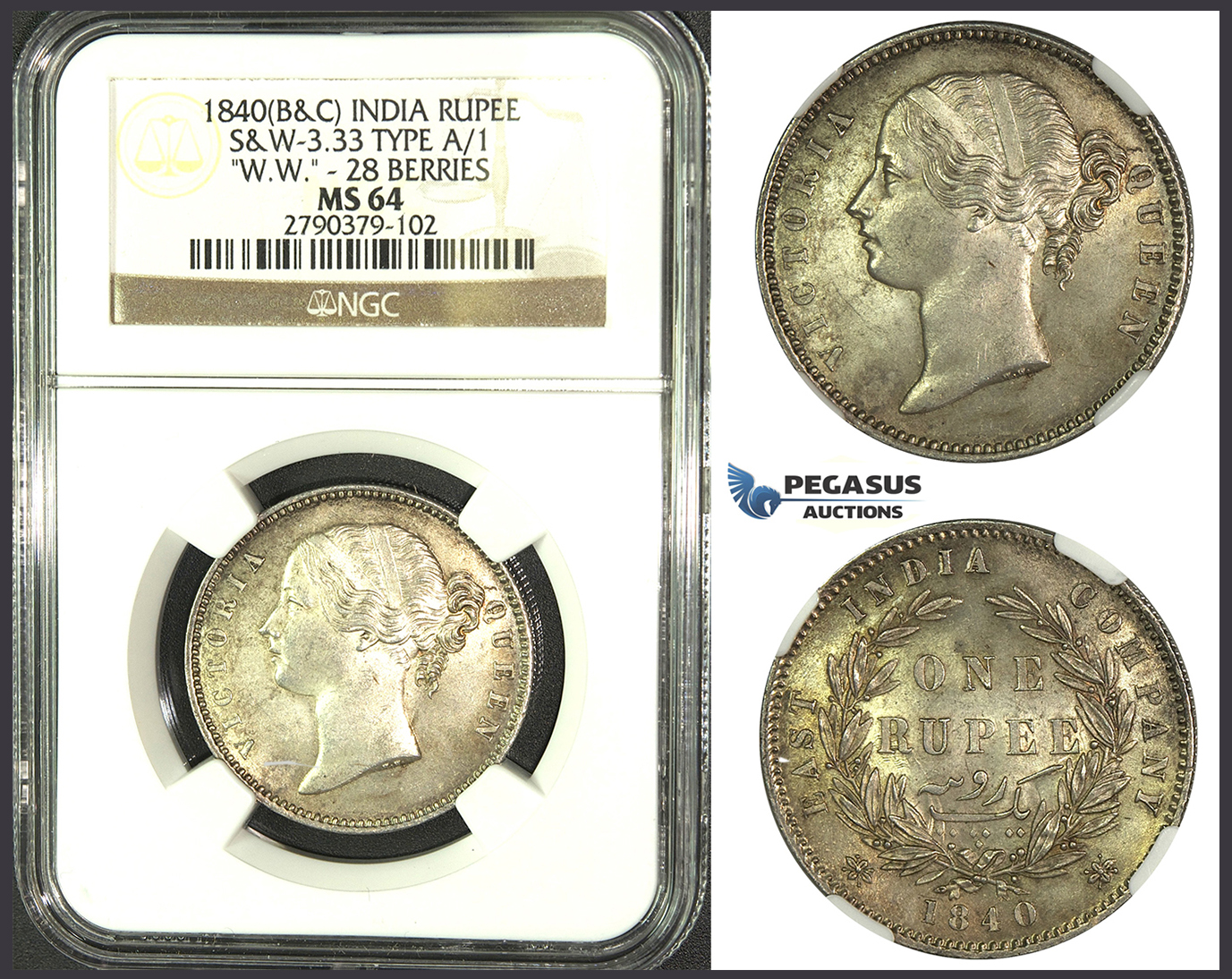 J91, East India Company, Victoria, Rupee 1840 (B&C) SW 3.33, 28 Berries, Silver, NGC MS64