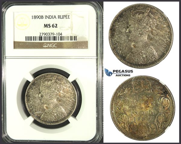 J93, India, British, Victoria, Rupee 1890-B, Bombay, Silver, NGC MS62