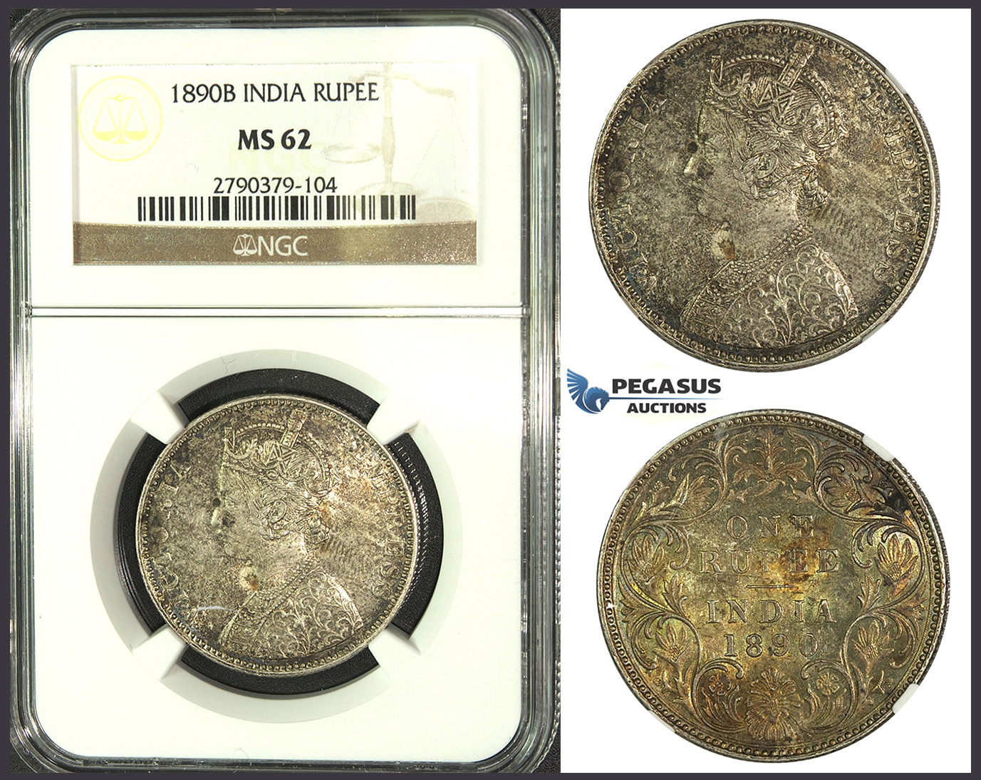 J93, India, British, Victoria, Rupee 1890-B, Bombay, Silver, NGC MS62