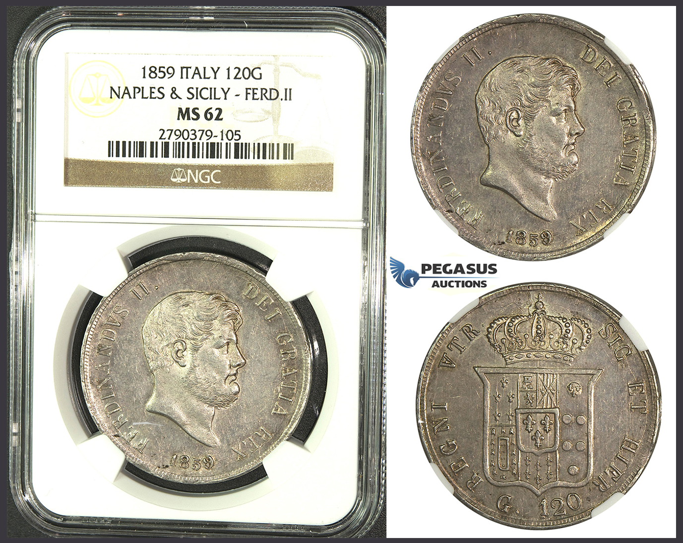 J95, Italy, Naples & Sicily, Ferdinand II, 120 Grana 1859, Silver, NGC MS62