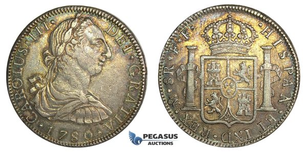 J99, Mexico, Charles III, 8 Reales 1780 Mo FF, Mexico City, Silver, Nice w. Rainbow Toning!