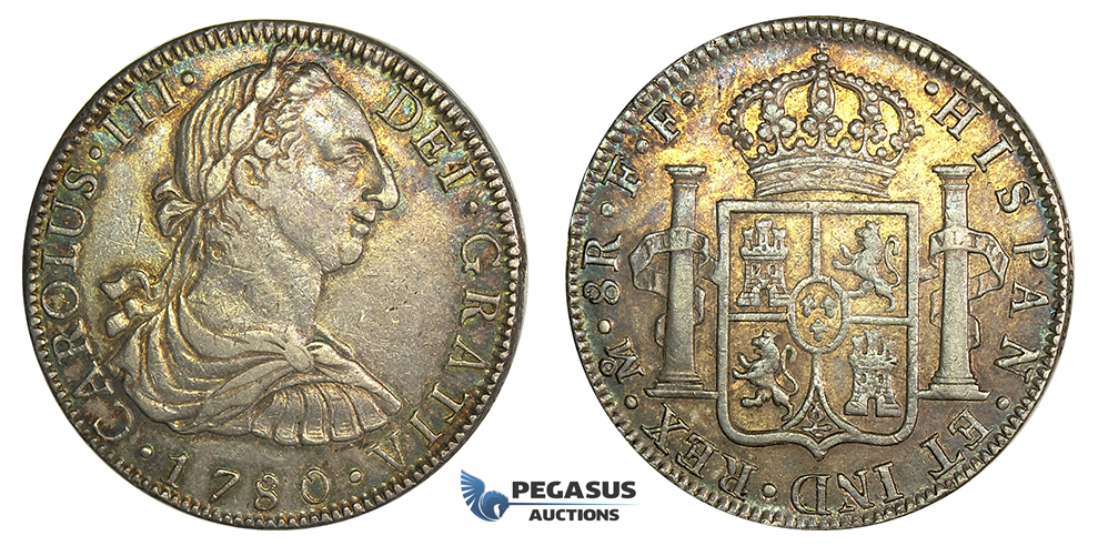 J99, Mexico, Charles III, 8 Reales 1780 Mo FF, Mexico City, Silver, Nice w. Rainbow Toning!
