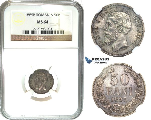 K04, Romania, Carol I, 50 Bani 1885-B, Bucharest, Silver, NGC MS64 (Pop 1/1) No better, Extremely Rare!