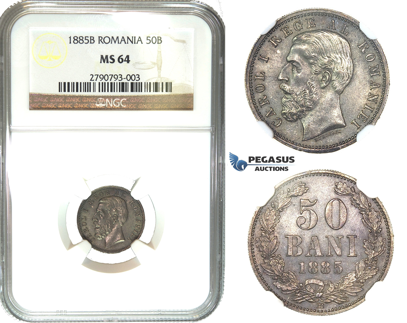 K04, Romania, Carol I, 50 Bani 1885-B, Bucharest, Silver, NGC MS64 (Pop 1/1) No better, Extremely Rare!