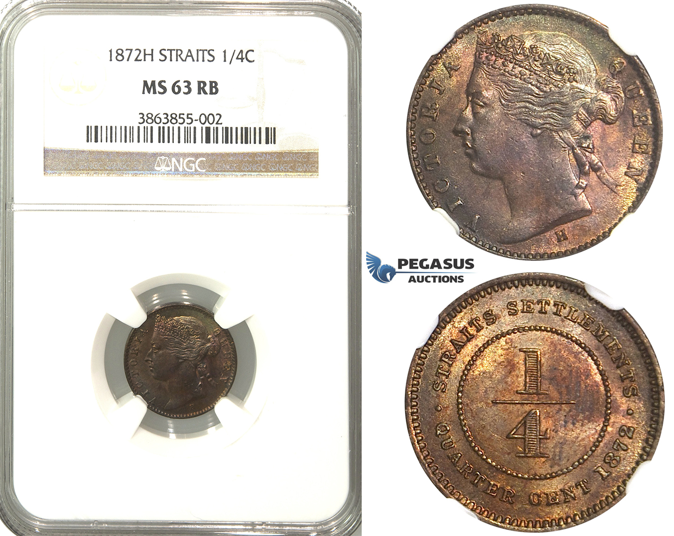 K09, Straits Settlements, Victoria, 1/4 Cent 1872-H, Heaton, NGC MS63RB