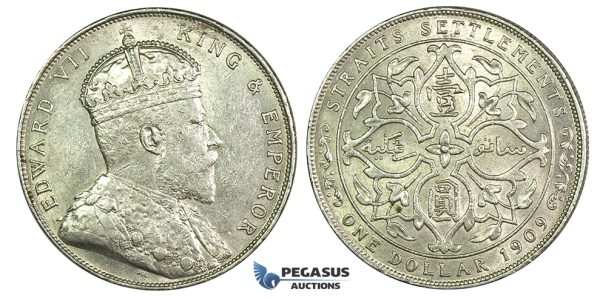 K11, Straits Settlements, Edward VII, Dollar 1909, Silver, Nice!