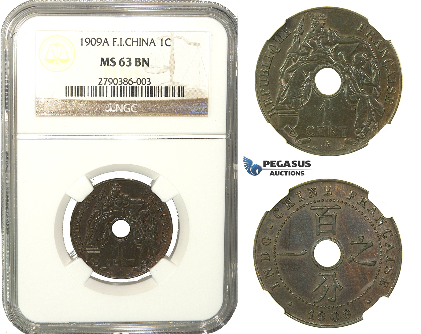 K21, French Indo-China (Vietnam) 1 Centime 1909-A, Paris, NGC MS63BN Rare!