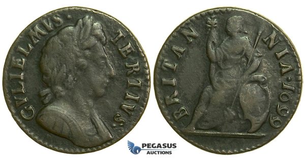 K27, Great Britain, William III, Farthing 1699 (Date in legend) Rare! VF