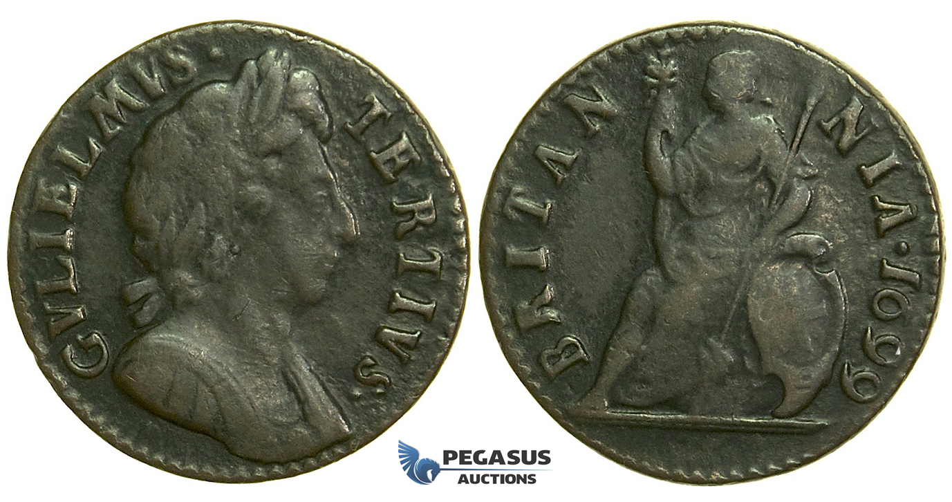 K27, Great Britain, William III, Farthing 1699 (Date in legend) Rare! VF