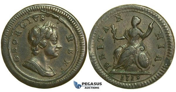K29, Great Britain, George I, Farthing 1719, Second Issue, VF (Minor scratch)