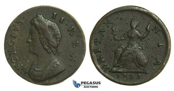 K37, Great Britain, George II, Farthing 1737, VF (Some corrosion)