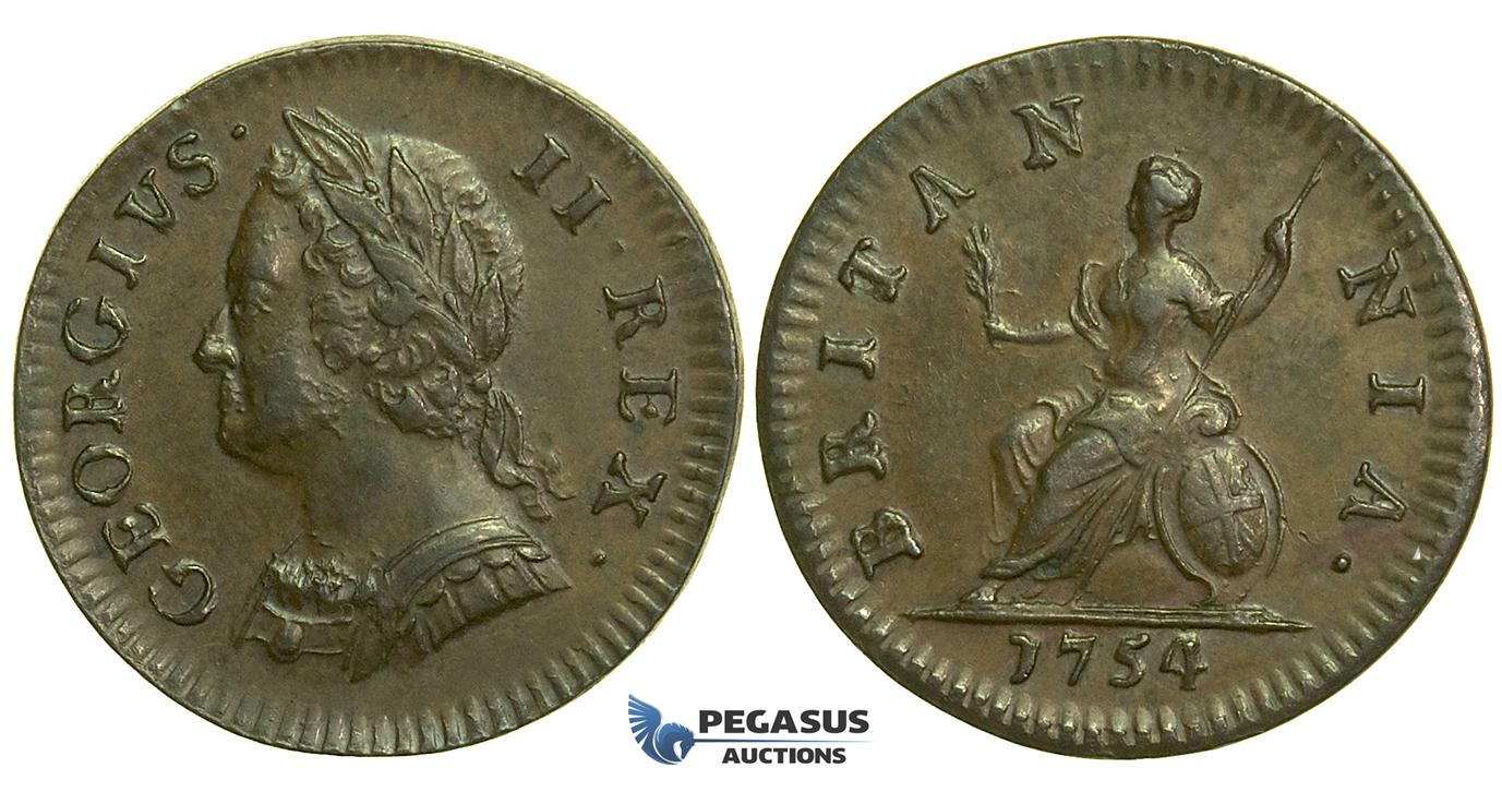 K43, Great Britain, George II, Farthing 1754, EF