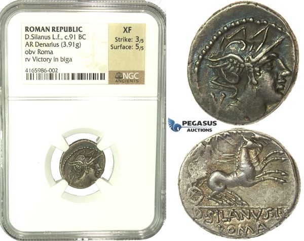 K85, Roman Republic, D. Junius Silanus L.f. (c. 91 BC) AR Denarius (3.91g) 91 BC, Rome, NGC XF