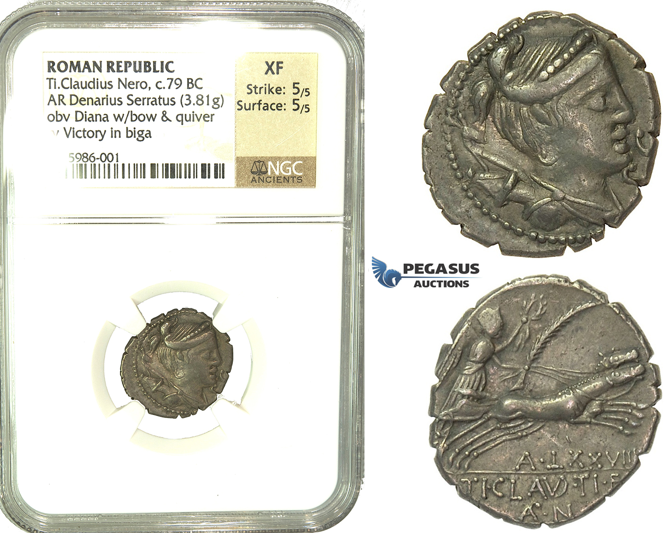 K86, Roman Republic, T. Claudius Nero (c. 79 BC) AR Denarius Serratus (3.81g) 79 BC, Rome, NGC XF