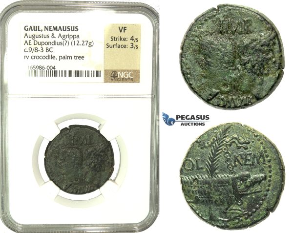 K87, Roman Provincial, Gaul, Nemausus, Augustus & Agrippa (27 BC - 14 AD) AE Dupondius (12.27g) c. 9/8-3 BC, NGC VF
