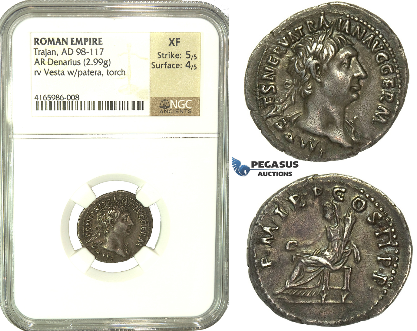 K90, Roman Empire, Trajan (98-117 AD) AR Denarius (2.99g) 100 AD, Rome, NGC XF