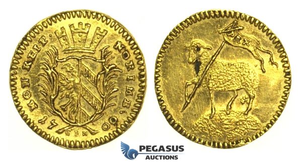 K99, Germany, Nürnberg City, 1/4 "Lamm" Ducat 1700-GFM, Gold (0.86g) Nürnberg, Lustrous High Grade!