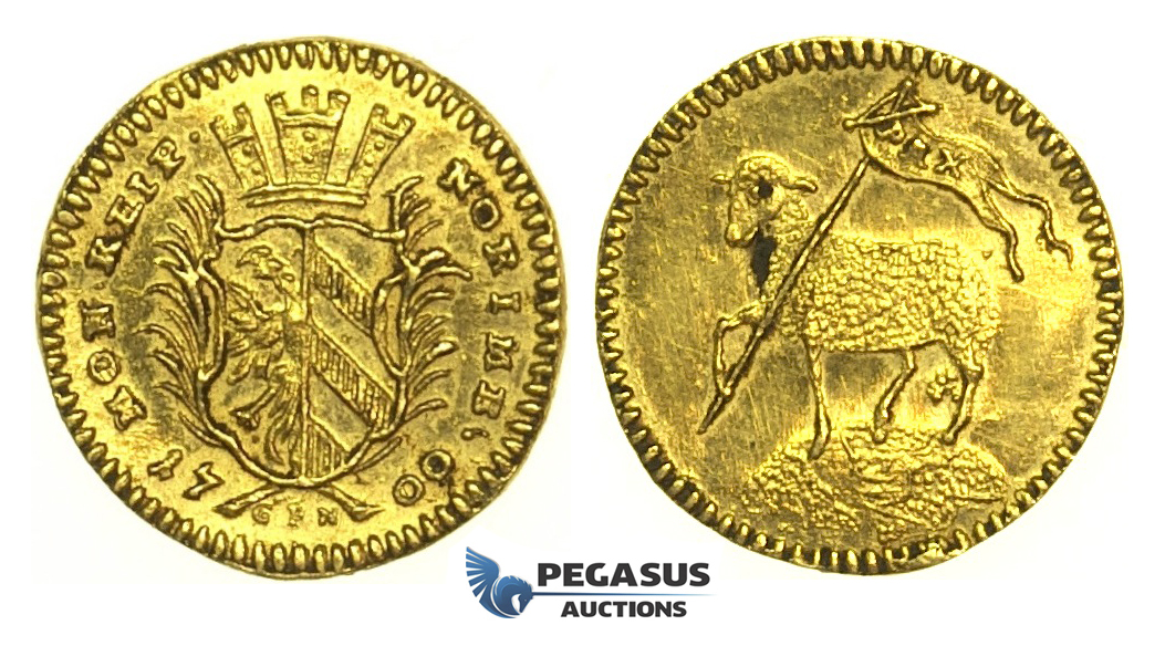 K99, Germany, Nürnberg City, 1/4 "Lamm" Ducat 1700-GFM, Gold (0.86g) Nürnberg, Lustrous High Grade!
