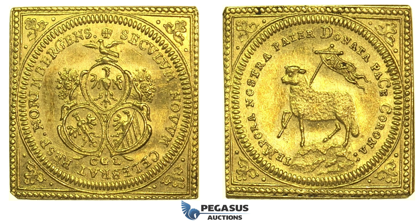 L01, Germany, Nürnberg City, Klippe "Lamm" Ducat 1700-CGL, Gold (3.46g) Nürnberg, Lustrous High Grade!