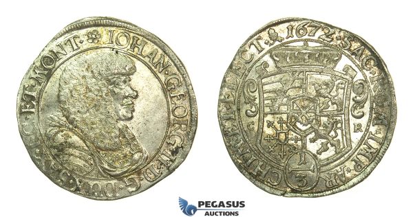 L02, Germany, Saxony, Johann Georg II, 1/3 Taler 1672-CR, Dresden, Silver (9.73g) Top Grade