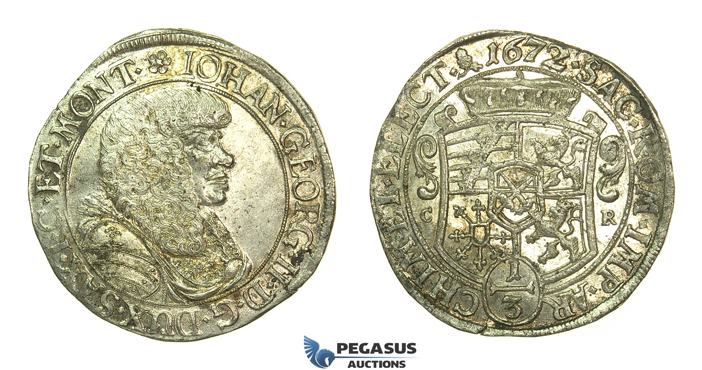 L02, Germany, Saxony, Johann Georg II, 1/3 Taler 1672-CR, Dresden, Silver (9.73g) Top Grade