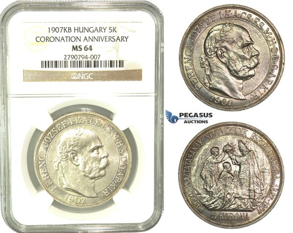 L06, Hungary, Franz Joseph, Coronation 5 Korona 1907-KB, Kremnitz, Silver, NGC MS64