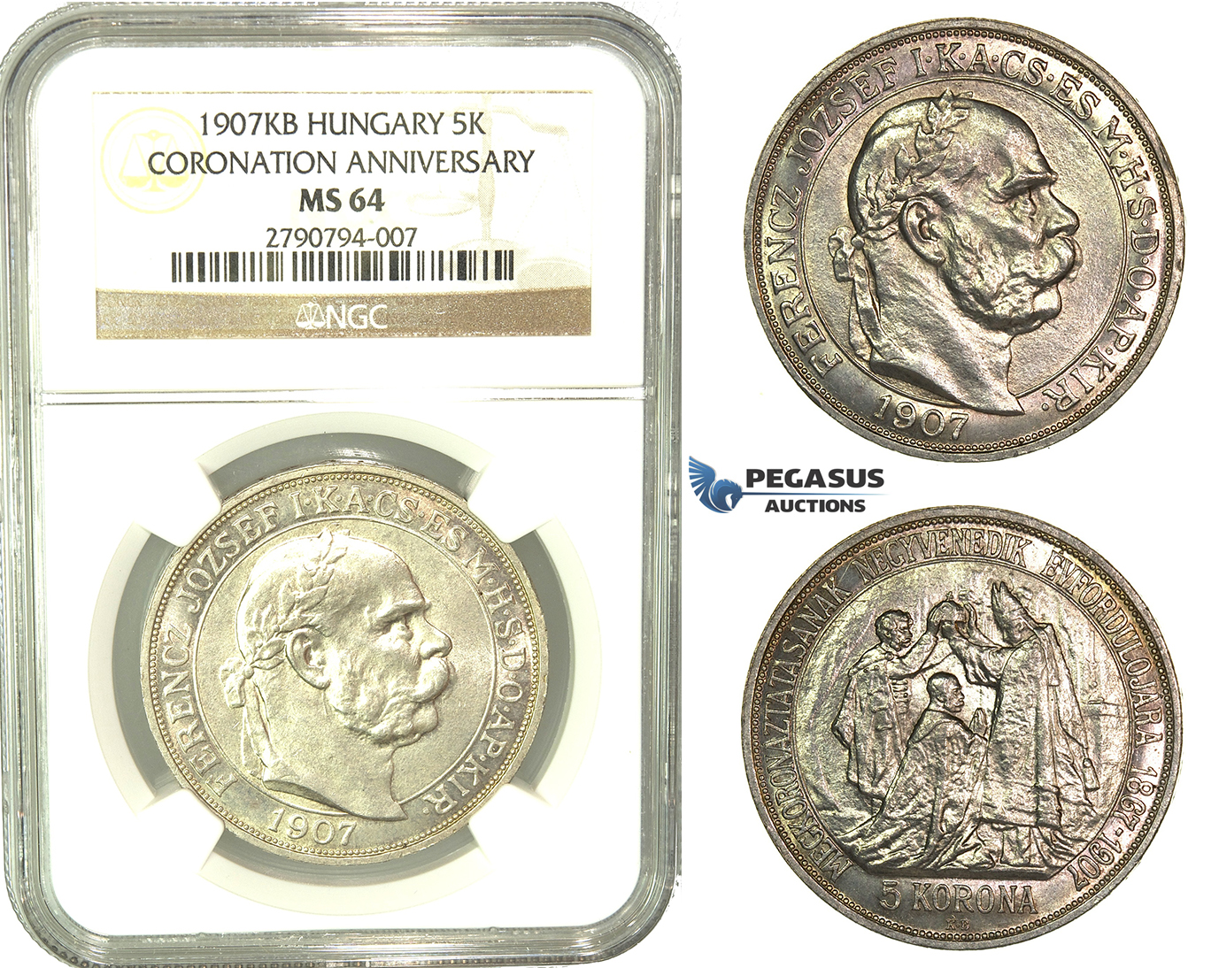 L06, Hungary, Franz Joseph, Coronation 5 Korona 1907-KB, Kremnitz, Silver, NGC MS64