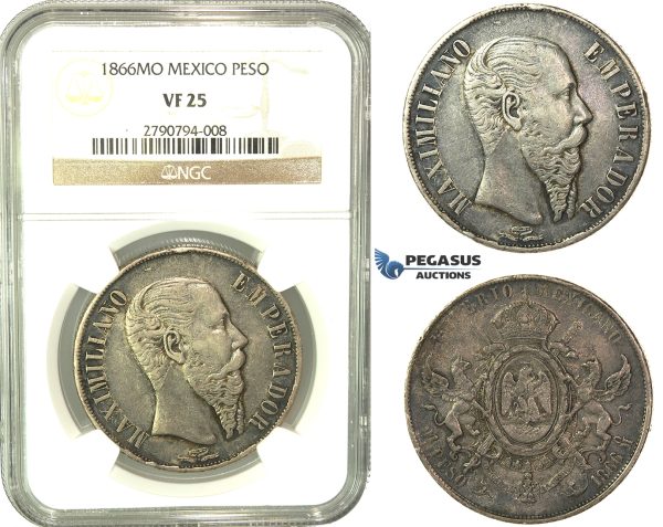 L07, Mexico, Maxilimian, Peso 1866-Mo, Mexico City, Silver, NGC VF25