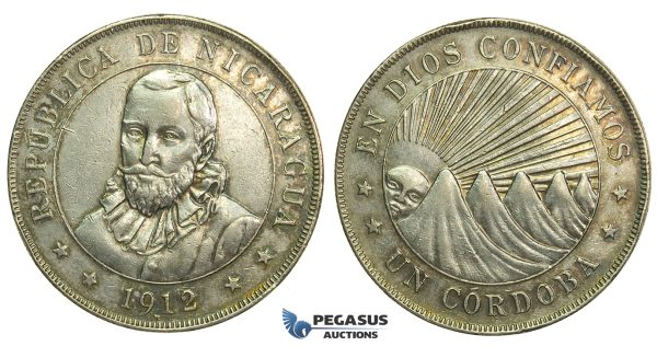 L09, Nicaragua, 1 Cordoba 1912-H, Silver, Toned High Grade!