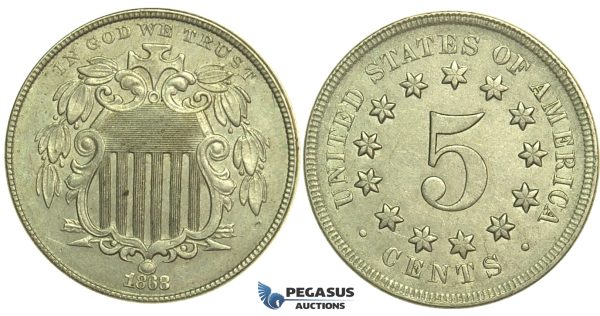 L21, United States, Shield 5 cents (Nickel) 1868, High Grade!