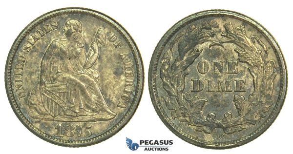 L24, United States, Liberty Seated Dime (10 Cents) 1875-CC, Carlson City (Below Bow) Stained MS