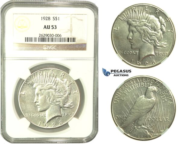 L27, United States, Peace Dollar 1928, Silver, NGC AU53, Rare!