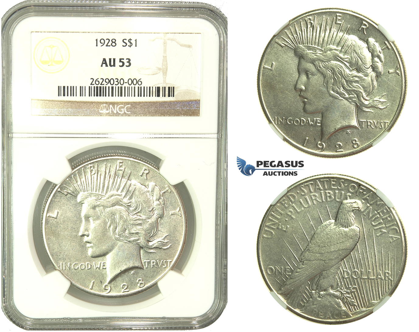 L27, United States, Peace Dollar 1928, Silver, NGC AU53, Rare!